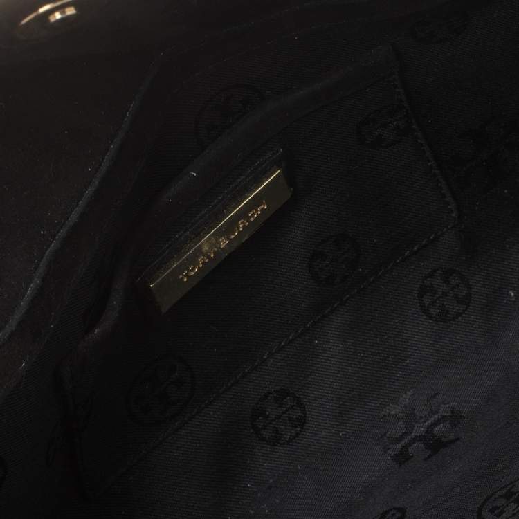 Pre Owned Tory Burch Black Quilted Suede Bria Embellished Flap Clutch