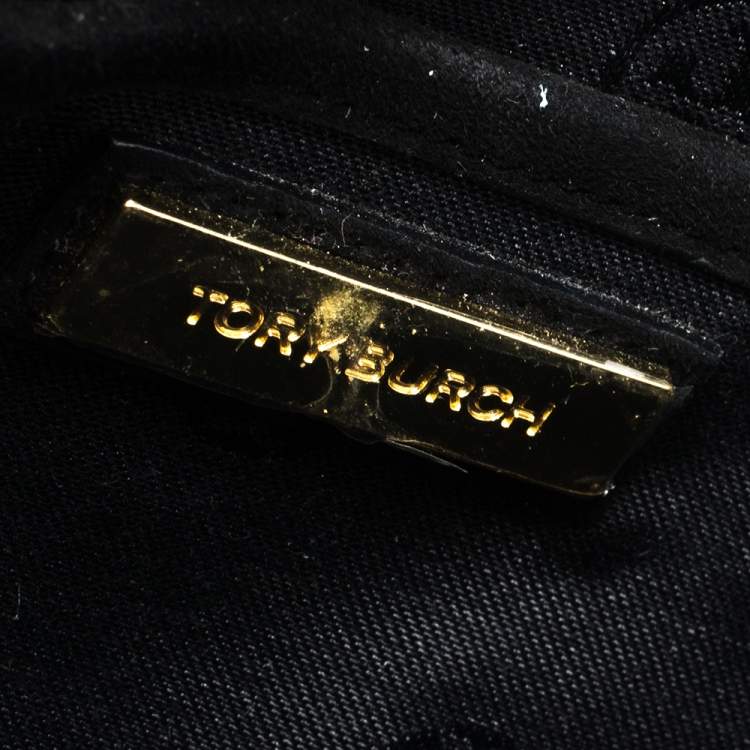 Pre Owned Tory Burch Black Quilted Suede Bria Embellished Flap Clutch