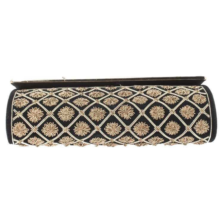 Pre Owned Tory Burch Black Quilted Suede Bria Embellished Flap Clutch