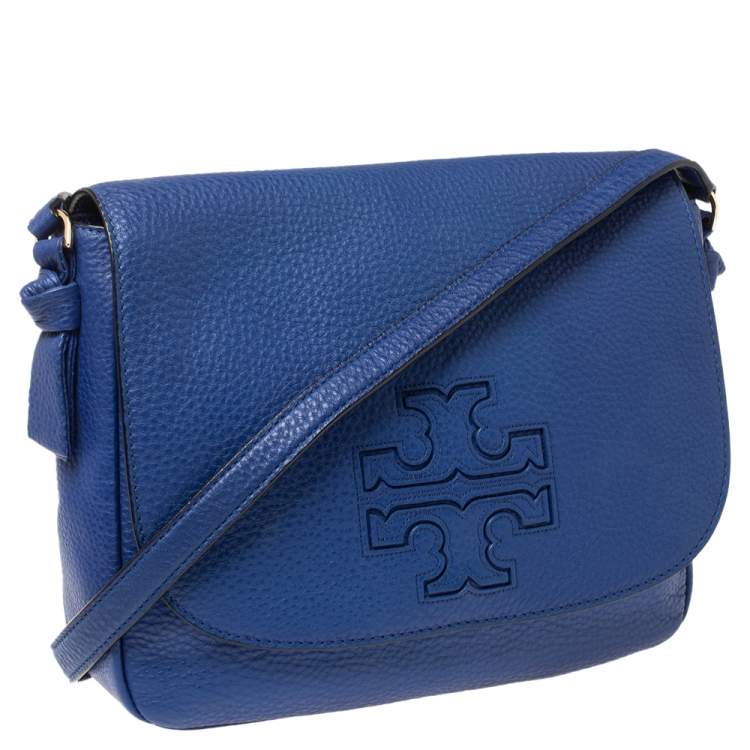 Pre Owned Tory Burch Blue Leather Harper Flap Messenger Bag