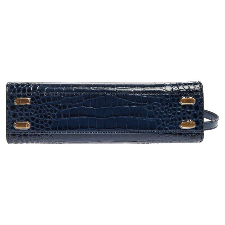 Pre Owned Tory Burch Blue Crocodile Embossed Leather Lee Radziwill Top Handle Bag