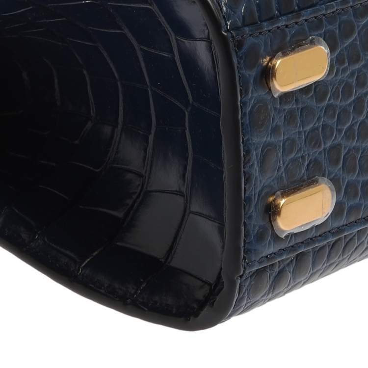Pre Owned Tory Burch Blue Crocodile Embossed Leather Lee Radziwill Top Handle Bag