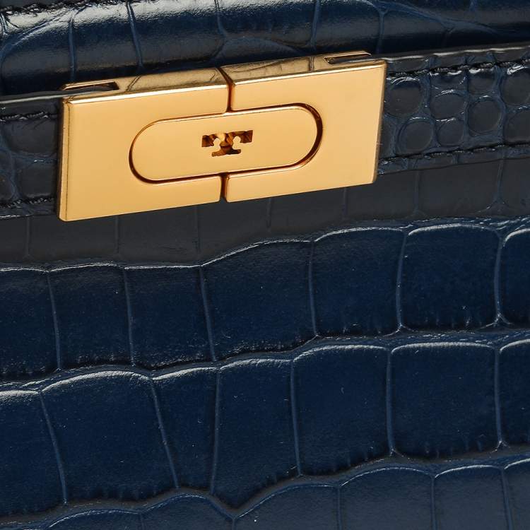 Pre Owned Tory Burch Blue Crocodile Embossed Leather Lee Radziwill Top Handle Bag