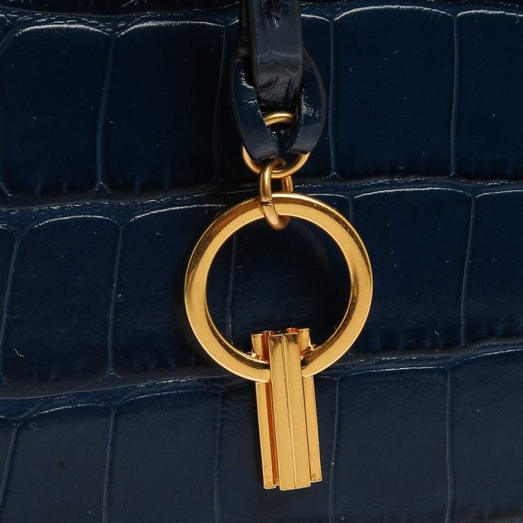 Pre Owned Tory Burch Blue Crocodile Embossed Leather Lee Radziwill Top Handle Bag