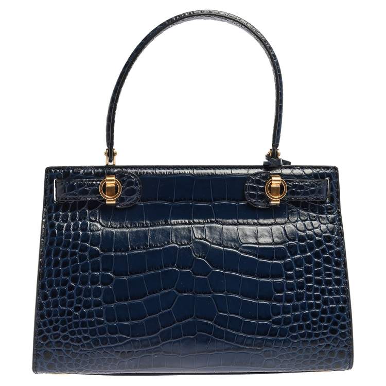 Pre Owned Tory Burch Blue Crocodile Embossed Leather Lee Radziwill Top Handle Bag