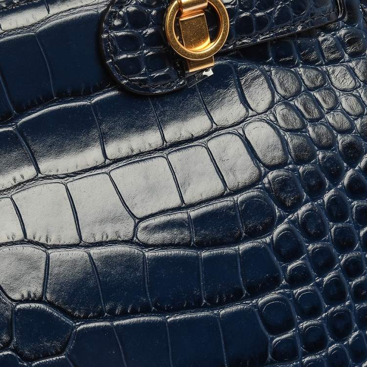 Pre Owned Tory Burch Blue Crocodile Embossed Leather Lee Radziwill Top Handle Bag