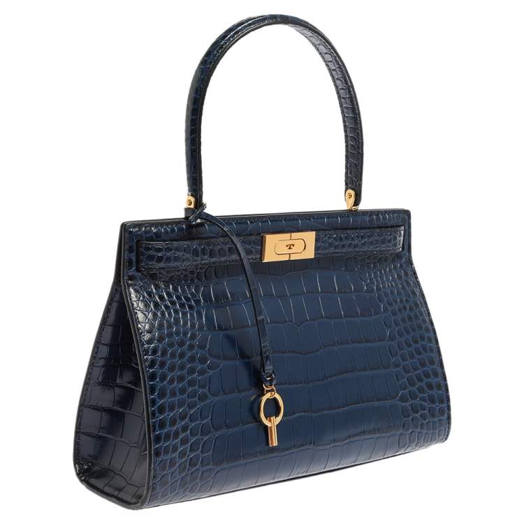 Pre Owned Tory Burch Blue Crocodile Embossed Leather Lee Radziwill Top Handle Bag