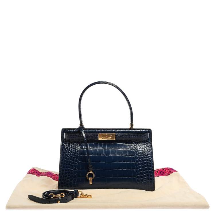 Pre Owned Tory Burch Blue Crocodile Embossed Leather Lee Radziwill Top Handle Bag
