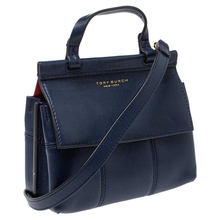 Pre Owned Tory Burch Navy Blue Leather Mini Block T Top Handle Bag