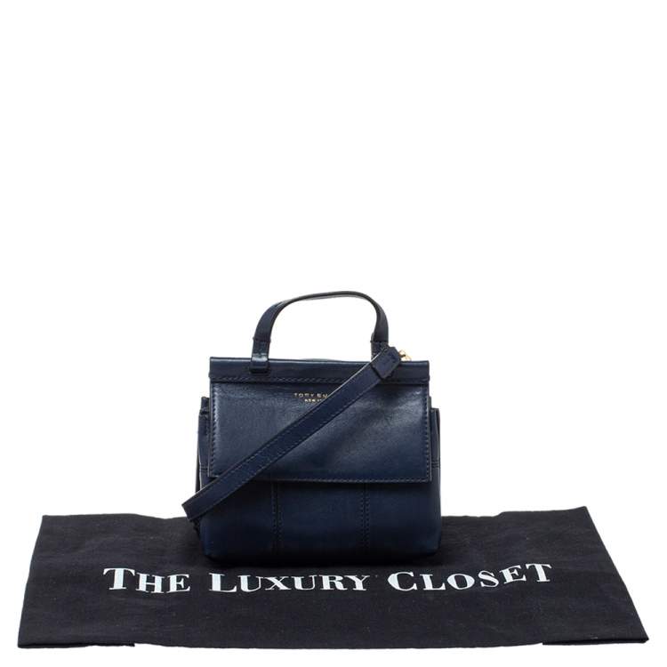 Pre Owned Tory Burch Navy Blue Leather Mini Block T Top Handle Bag