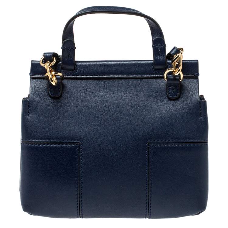 Pre Owned Tory Burch Navy Blue Leather Mini Block T Top Handle Bag