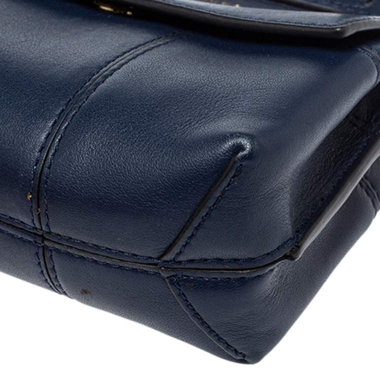 Pre Owned Tory Burch Navy Blue Leather Mini Block T Top Handle Bag
