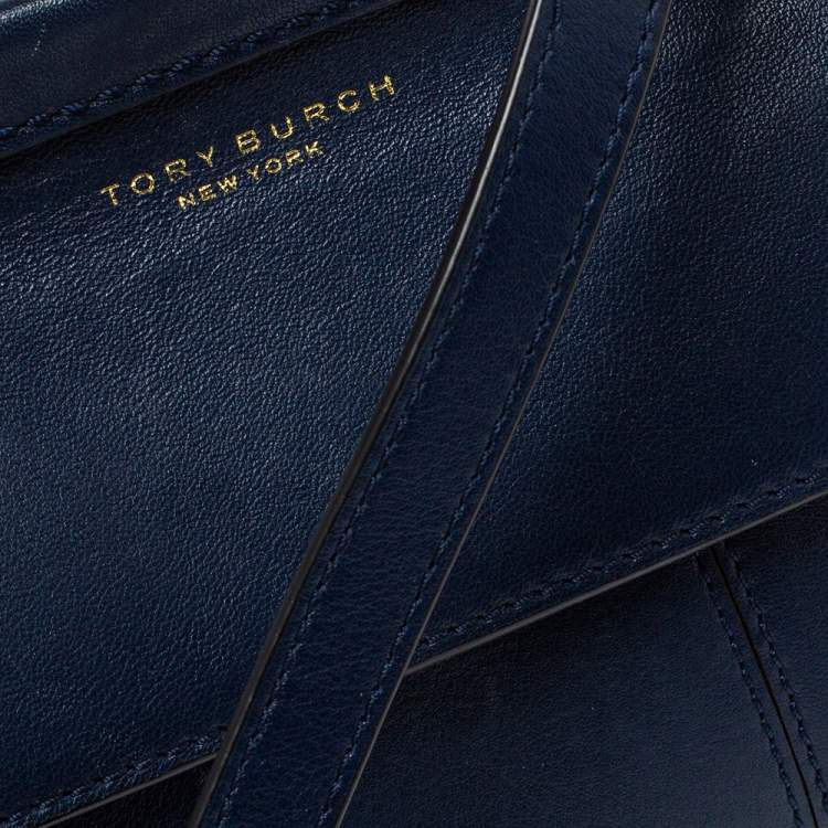 Pre Owned Tory Burch Navy Blue Leather Mini Block T Top Handle Bag