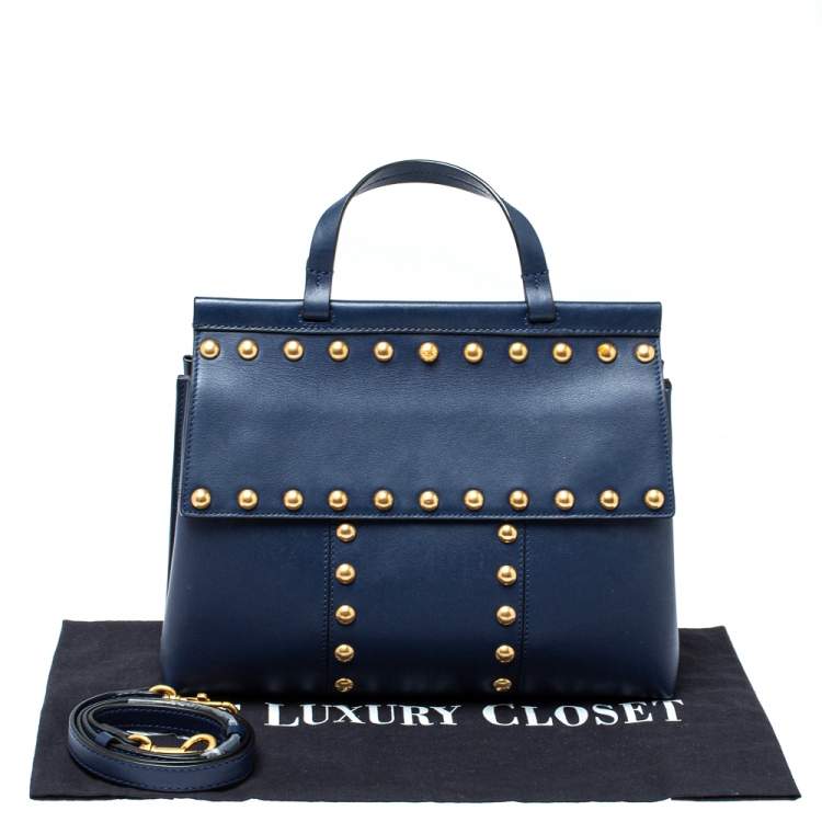 Pre Owned Tory Burch Navy Blue Leather Block-T Studded Top Handle Bag