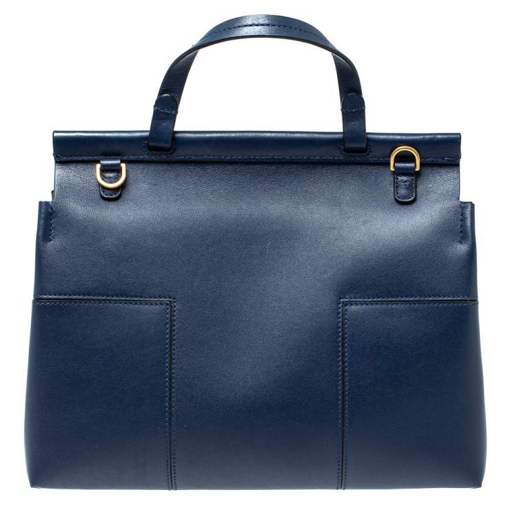 Pre Owned Tory Burch Navy Blue Leather Block-T Studded Top Handle Bag