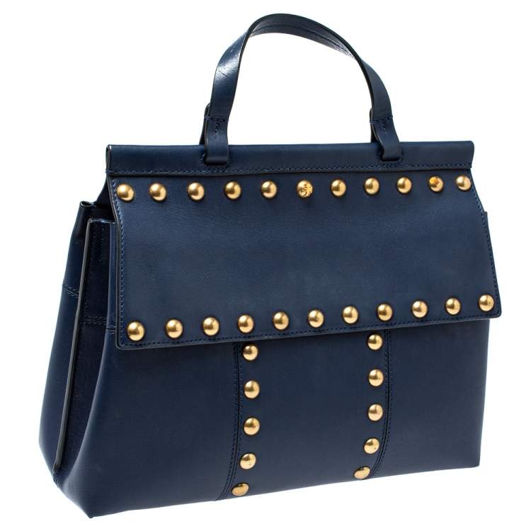Pre Owned Tory Burch Navy Blue Leather Block-T Studded Top Handle Bag