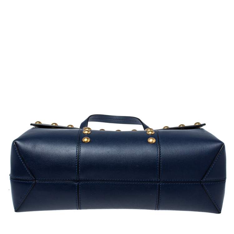 Pre Owned Tory Burch Navy Blue Leather Block-T Studded Top Handle Bag