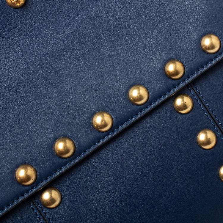 Pre Owned Tory Burch Navy Blue Leather Block-T Studded Top Handle Bag