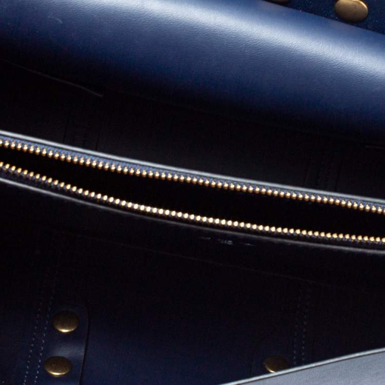 Pre Owned Tory Burch Navy Blue Leather Block-T Studded Top Handle Bag