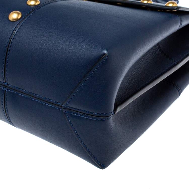 Pre Owned Tory Burch Navy Blue Leather Block-T Studded Top Handle Bag