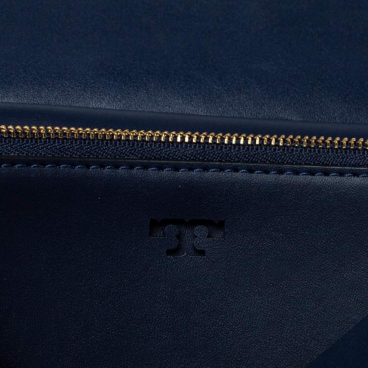 Pre Owned Tory Burch Navy Blue Leather Block-T Studded Top Handle Bag