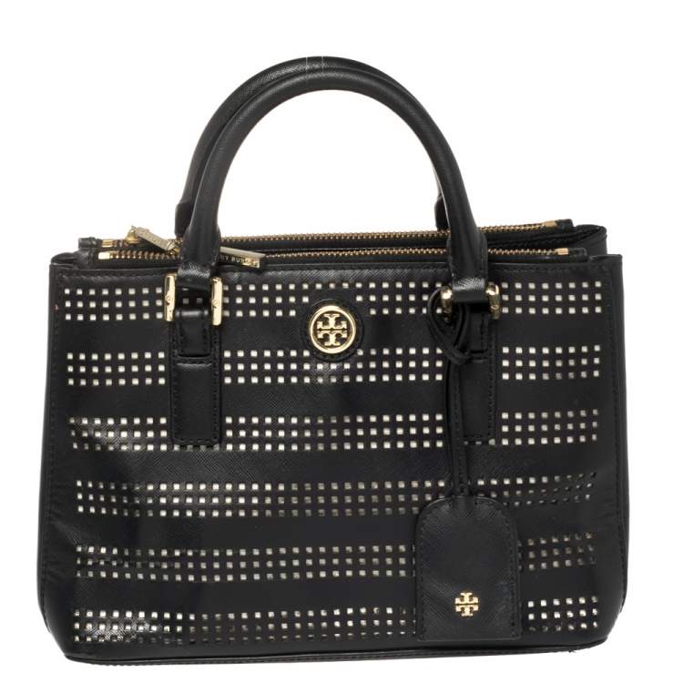 Tory Burch Black Perforated Leather Small Robinson Double Zip Tote Tory  Burch