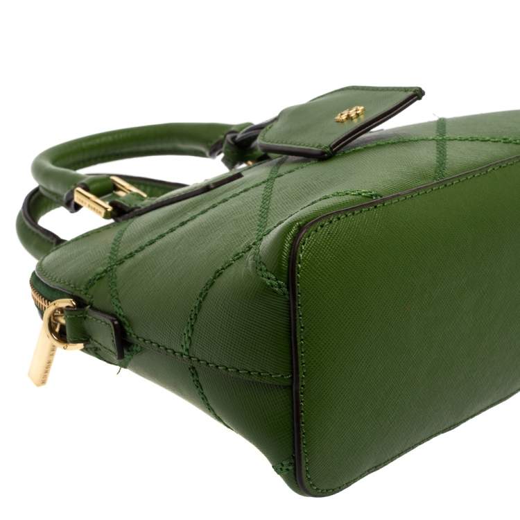 Pre Owned Tory Burch Green Leather Mini Stitched Robinson Satchel