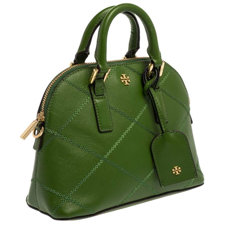 Pre Owned Tory Burch Green Leather Mini Stitched Robinson Satchel