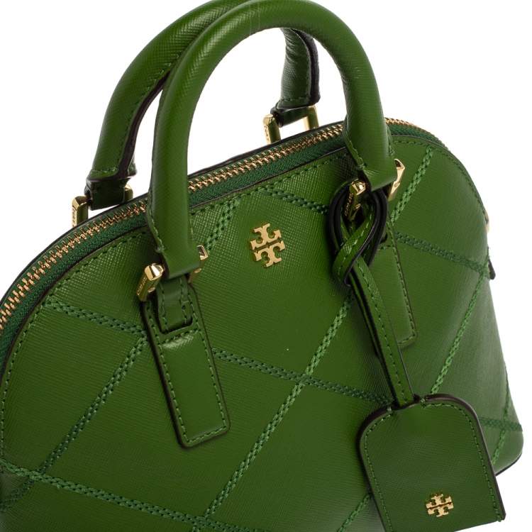 Pre Owned Tory Burch Green Leather Mini Stitched Robinson Satchel