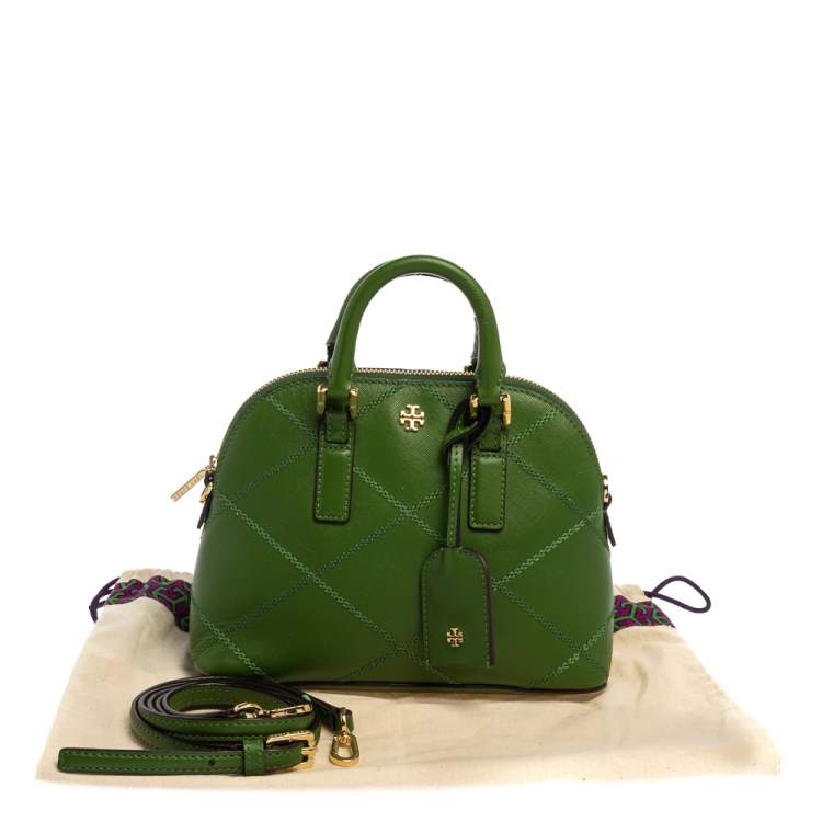 Pre Owned Tory Burch Green Leather Mini Stitched Robinson Satchel