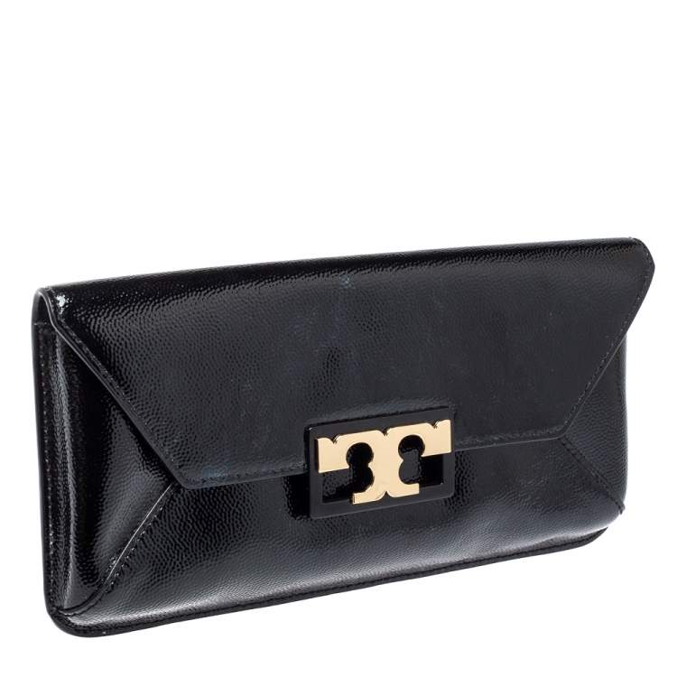 Pre Owned Tory Burch Black Textured Patent Leather Gigi Clutch