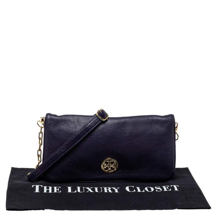 Pre Owned Tory Burch Purple Leather Logo Flap Clutch Bag
