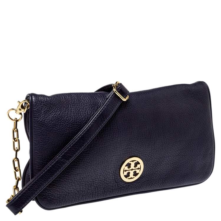 Pre Owned Tory Burch Purple Leather Logo Flap Clutch Bag