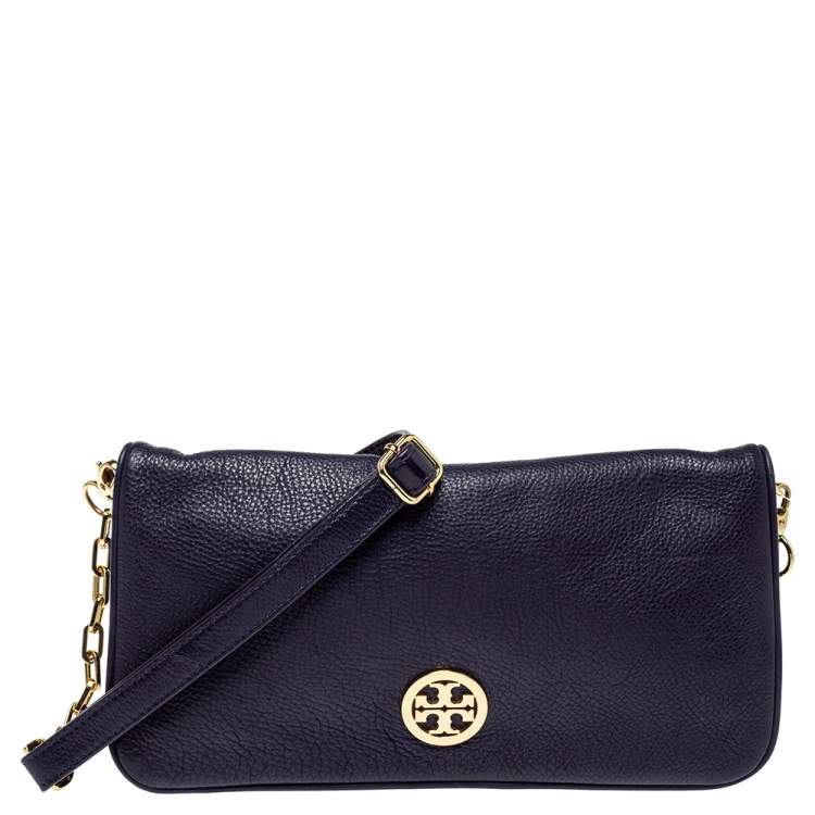 Pre Owned Tory Burch Purple Leather Logo Flap Clutch Bag