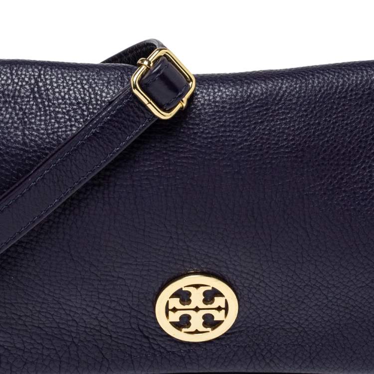Pre Owned Tory Burch Purple Leather Logo Flap Clutch Bag