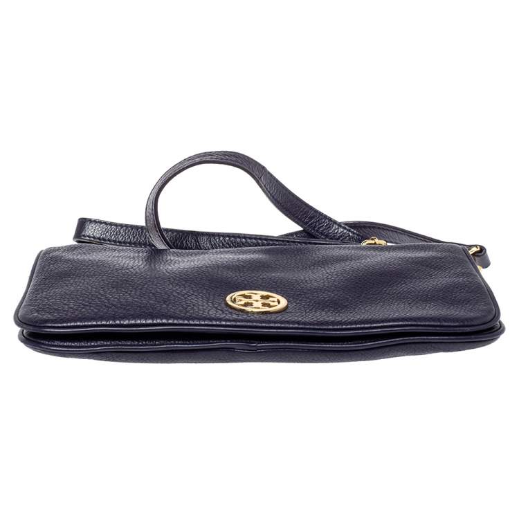 Pre Owned Tory Burch Purple Leather Logo Flap Clutch Bag