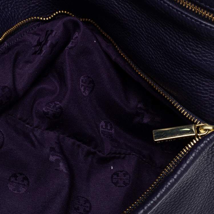 Pre Owned Tory Burch Purple Leather Logo Flap Clutch Bag