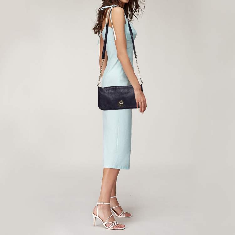 Pre Owned Tory Burch Purple Leather Logo Flap Clutch Bag