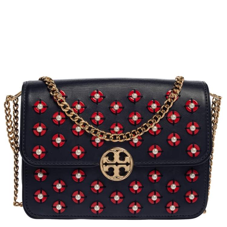 Tory Burch Blue Leather Duet Chain Embellished Shoulder Bag Tory Burch The Luxury Closet