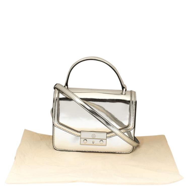 Pre Owned Tory Burch Metallic Silver Leather Mini Juliette Top Handle Bag