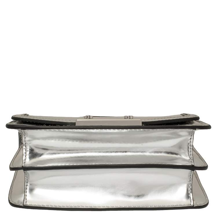 Pre Owned Tory Burch Metallic Silver Leather Mini Juliette Top Handle Bag