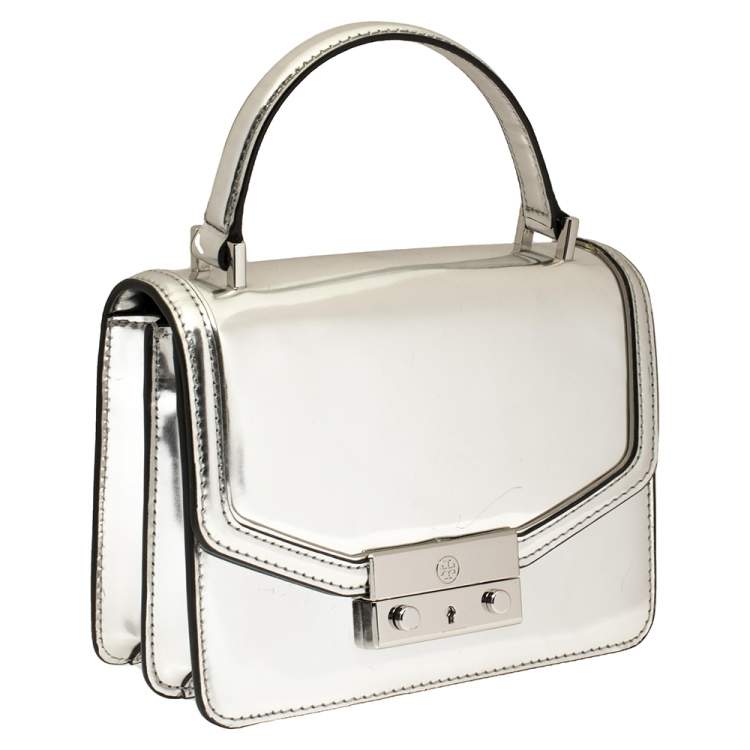 Pre Owned Tory Burch Metallic Silver Leather Mini Juliette Top Handle Bag