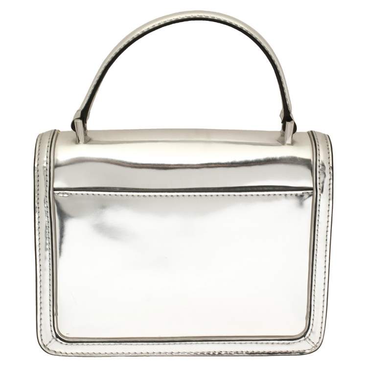 Pre Owned Tory Burch Metallic Silver Leather Mini Juliette Top Handle Bag