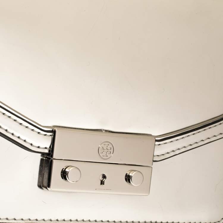 Pre Owned Tory Burch Metallic Silver Leather Mini Juliette Top Handle Bag