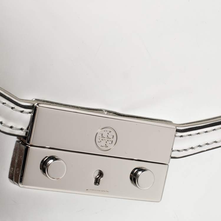 Pre Owned Tory Burch Metallic Silver Leather Mini Juliette Top Handle Bag