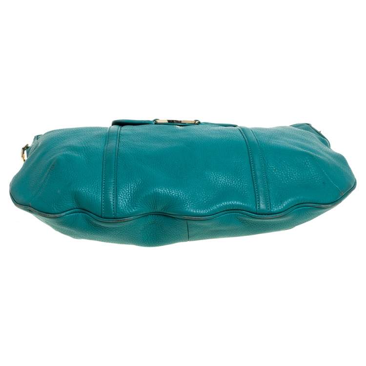 Pre Owned Tory Burch Teal Blue Leather Amanda Flat Hobo
