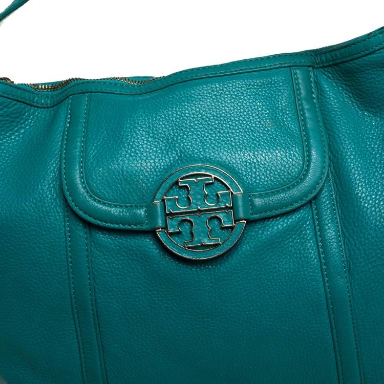 Pre Owned Tory Burch Teal Blue Leather Amanda Flat Hobo