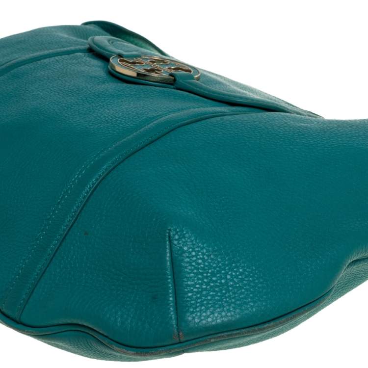 Pre Owned Tory Burch Teal Blue Leather Amanda Flat Hobo