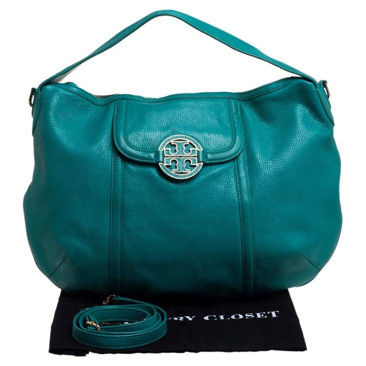 Pre Owned Tory Burch Teal Blue Leather Amanda Flat Hobo