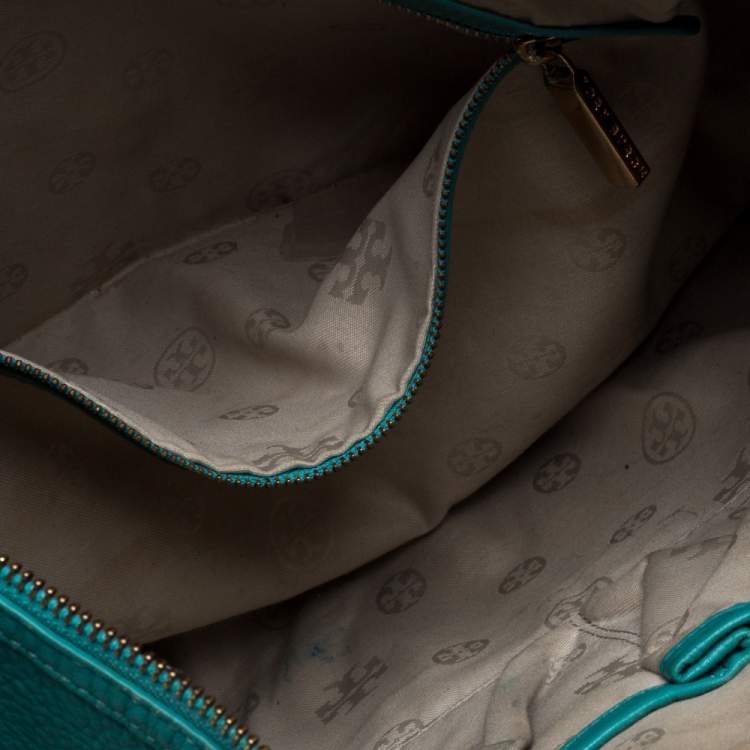 Pre Owned Tory Burch Teal Blue Leather Amanda Flat Hobo